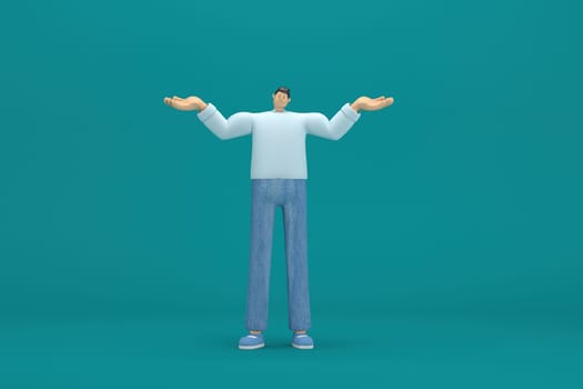 cartoon character wearing jeans and  long shirt. He is expression  of body and hand when talking. 3d rendering in acting.