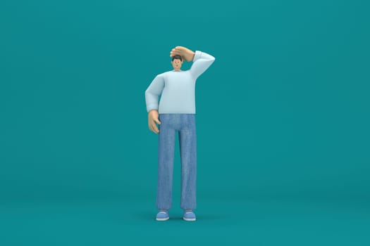 cartoon character wearing jeans and  long shirt. He is expression  of body and hand when talking. 3d rendering in acting.
