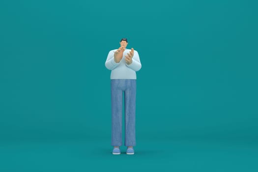 cartoon character wearing jeans and  long shirt. He is expression  of body and hand when talking. 3d rendering in acting.