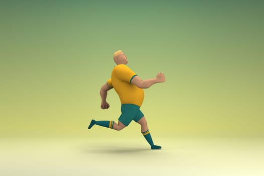 An athlete wearing a yellow shirt and green pants is runing. 3d rendering of cartoon character in acting.