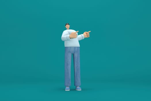 cartoon character wearing jeans and  long shirt. He is expression  of body and hand when talking. 3d rendering in acting.