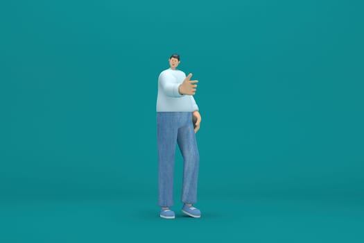 cartoon character wearing jeans and  long shirt. He is expression  of body and hand when talking. 3d rendering in acting.