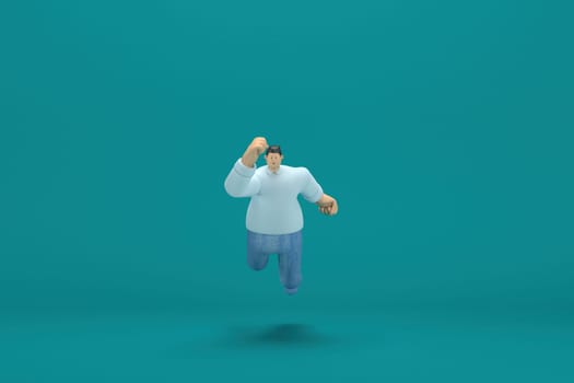cartoon character wearing jeans white long shirt.  3d illustrator in acting. He is running.
