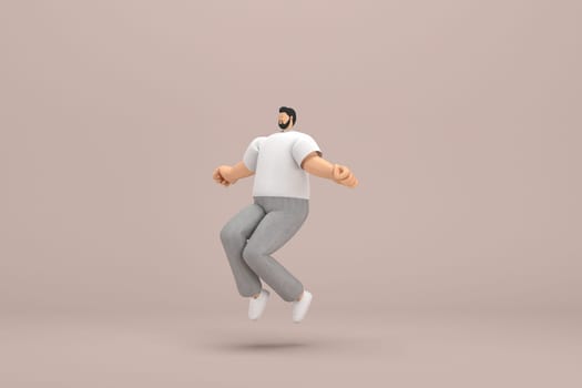 The man with beard wearinggray corduroy pants and white collar t-shirt.  3d illustrator of cartoon character in acting. He is jumping.