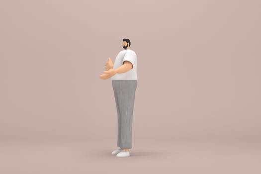The man with beard wearinggray corduroy pants and white collar t-shirt.  He is expression  of hand when talking. 3d illustrator of cartoon character in acting.