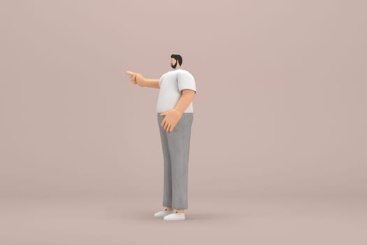 The man with beard wearinggray corduroy pants and white collar t-shirt.  He is expression  of hand when talking. 3d illustrator of cartoon character in acting.