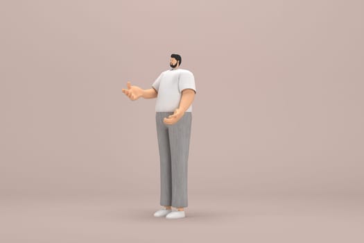 The man with beard wearinggray corduroy pants and white collar t-shirt.  He is expression  of hand when talking. 3d illustrator of cartoon character in acting.