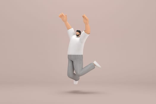 The man with beard wearinggray corduroy pants and white collar t-shirt.  3d illustrator of cartoon character in acting. He is jumping.