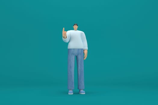 cartoon character wearing jeans and  long shirt. He is expression  of body and hand when talking. 3d rendering in acting.