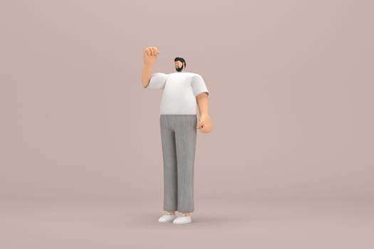 The man with beard wearinggray corduroy pants and white collar t-shirt.  He is expression  of hand when talking. 3d illustrator of cartoon character in acting.