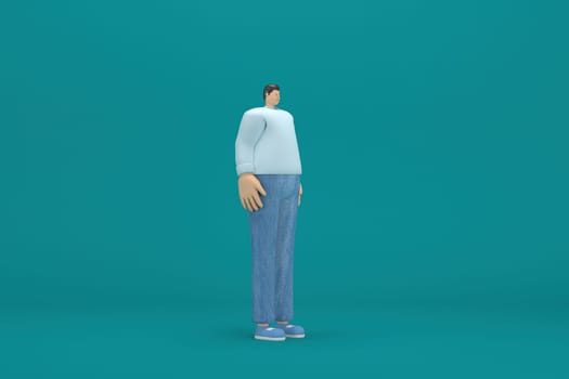 cartoon character wearing jeans and  long shirt. He is expression  of body and hand when talking. 3d rendering in acting.