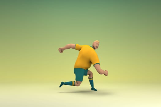 An athlete wearing a yellow shirt and green pants is runing. 3d rendering of cartoon character in acting.