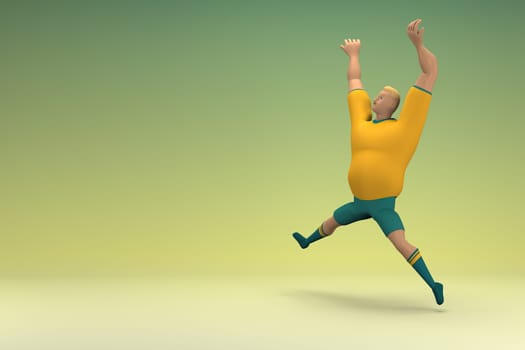 An athlete wearing a yellow shirt and green pants. He is doing exercise. 3d rendering of cartoon character in acting.