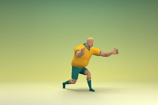 An athlete wearing a yellow shirt and green pants. He is pulling or pushing something. 3d rendering of cartoon character in acting.