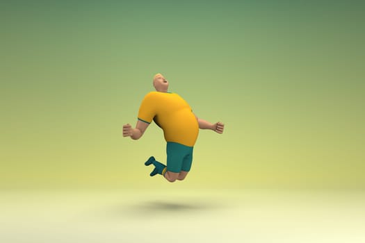An athlete wearing a yellow shirt and green pants is jumping. 3d rendering of cartoon character in acting.