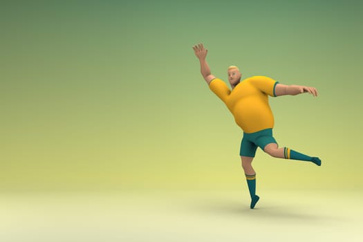 An athlete wearing a yellow shirt and green pants. He is doing exercise. 3d rendering of cartoon character in acting.