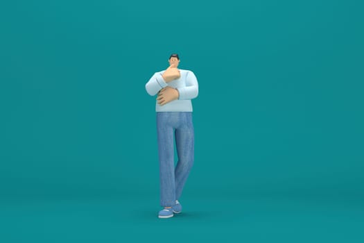 cartoon character wearing jeans and  long shirt. He is expression  of body and hand when talking. 3d rendering in acting.