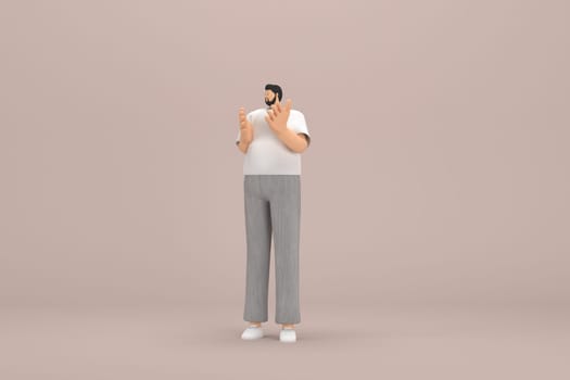 The man with beard wearinggray corduroy pants and white collar t-shirt.  He is expression  of hand when talking. 3d illustrator of cartoon character in acting.