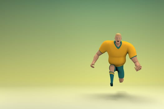 An athlete wearing a yellow shirt and green pants is jumping. 3d rendering of cartoon character in acting.