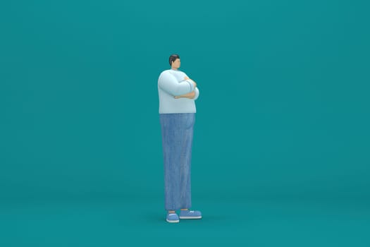 cartoon character wearing jeans and  long shirt. He is expression  of body and hand when talking. 3d rendering in acting.