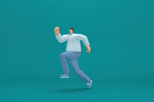 cartoon character wearing jeans white long shirt.  3d illustrator in acting. He is running.