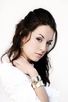 A pretty young woman in a white shirt