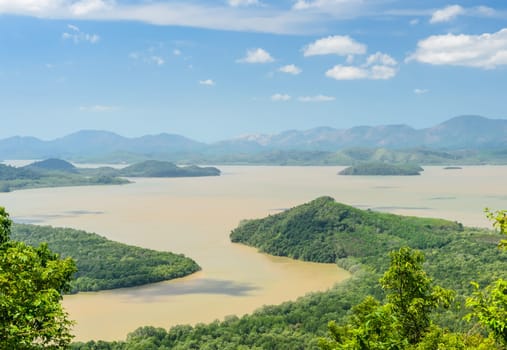 Aerial view of Kraburi river with mountain in Ranong, Thailand