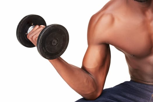Strong and muscular handsome young black african man with dumbbell isolated on white background