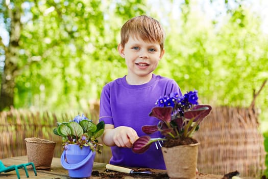 Happy boy taking care of domestic flowers