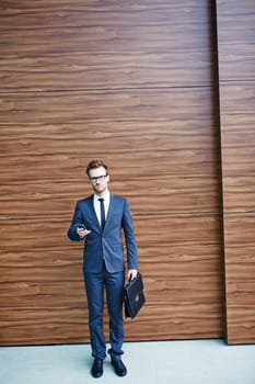 Businessman in suit holding briefcase and cellphone