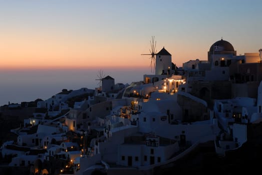View over Oia at dusk, island Santorini, Greece