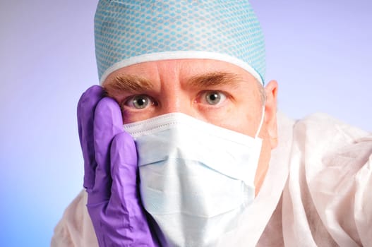 expressions of a medical work in a hat and mask