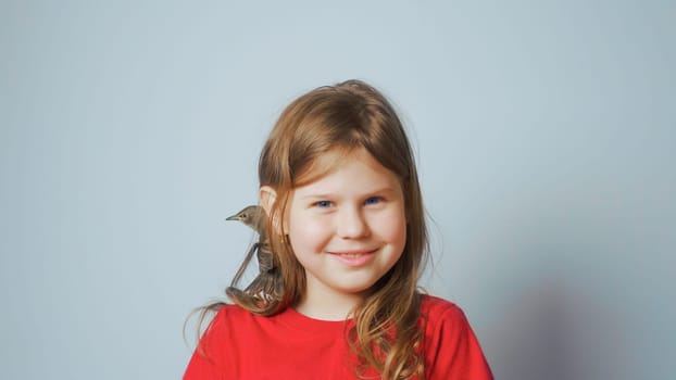 Grown up starling nestling sitting on shoulder of smiling little girl. Portrait of happy child on gray. Kid play with baby bird. Bird care, protection, love animals. Spring songbird.