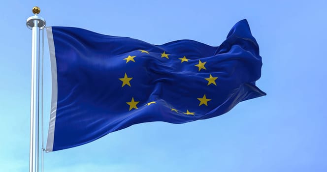 The flag of the European Union Waving on a clear day. The flag is made up of twelve yellow stars on a blue background. The stars symbolize the unity of the European peoples. Realistic 3d illustration