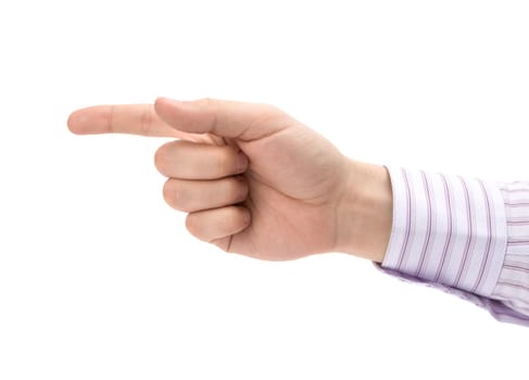 Man's pointing finger isolated on white