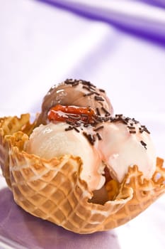 close up ice cream with chocolate knick knackery
