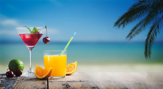 Cherry cocktail in martini glass and orange juice vodka on tropical sandy beach. Summer vacation holiday and beach party design. Island resort beach bar background.