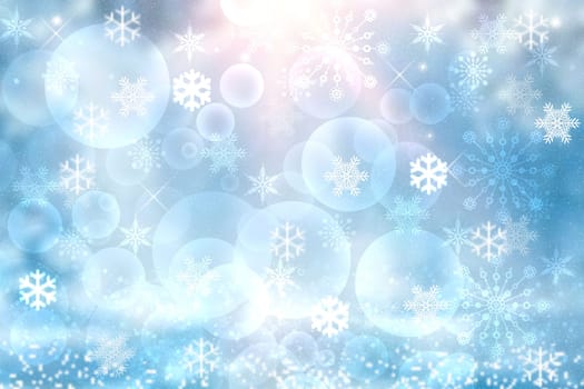 Abstract blurred festive light blue winter christmas or Happy New Year background texture with shiny blue and white bokeh lighted glittering snowflakes and stars. Space for your design. Card concept.