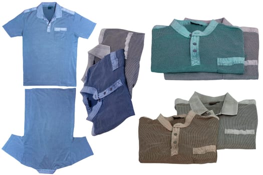 Collage set of denim shirts isolated. Close-up of stylish striped blue jeans shirts and various striped polo shirt for mens. Macro of mens shirt summer fashion.