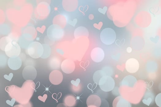 Abstract festive blur bright pink pastel background texture with white pink hearts love bokeh and stars for valentine or wedding card. Space for design. Card concept.