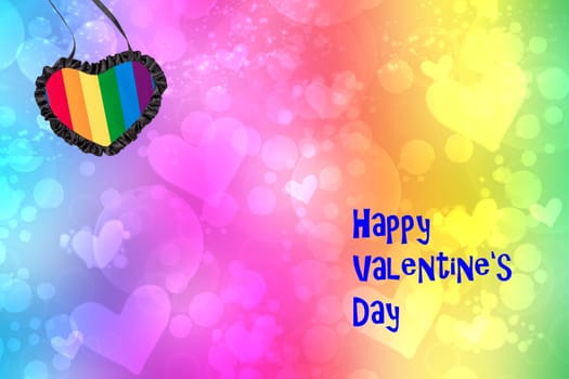 Happy Valentines day card. LGBT Valentines card design with rainbow heart and text on abstract background texture with colorful love bokeh hearts in rainbow colors.