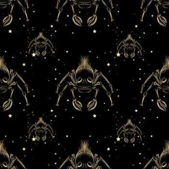 spider seamless pattern on black background. Gold on a black background. Magical atmosphere.