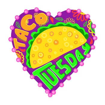 Taco Tuesday in the style of the 90s. Taco party. Mexican cuisine print. Vector isolated illustration on a white background.