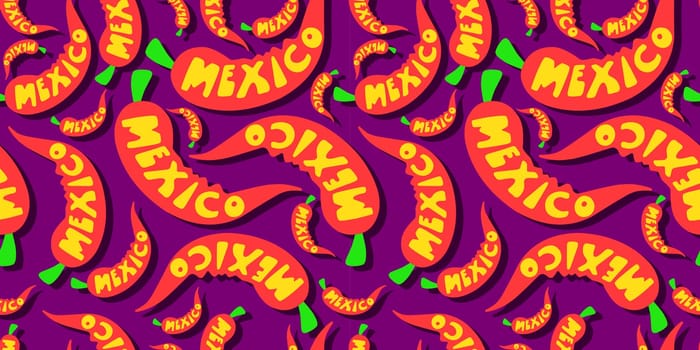 Red hot jalapeno pepper. chili pepper symbol of mexican cuisine. The inscription Mexico on the background of chili peppers. seamless pattern