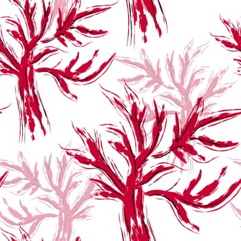 Natural seamless pattern trees. Ragged magenta trees. Fashion trendy pattern in Japanese style.