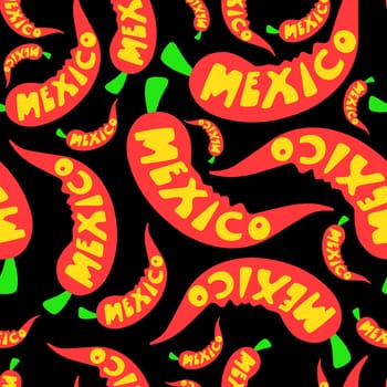 Red hot jalapeno pepper. chili pepper symbol of mexican cuisine. The inscription Mexico on the background of chili peppers. seamless pattern