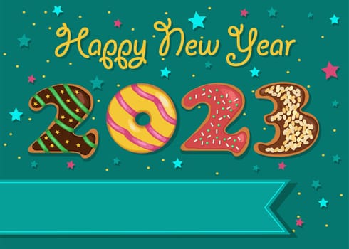Sweets Happy New Year 2023. Colorful number as donuts with cream and nuts decor. Background with stars and confetti. Banner for custom text. Cream text - Happy New Year.