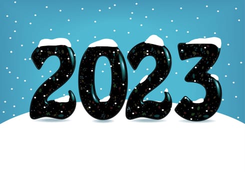 New Year 2023. Black voluminous vigilant number 2023 with sparks on the big white snowdrift. Blue background as a sky with snowfall. Place for custom text. New Year Card.