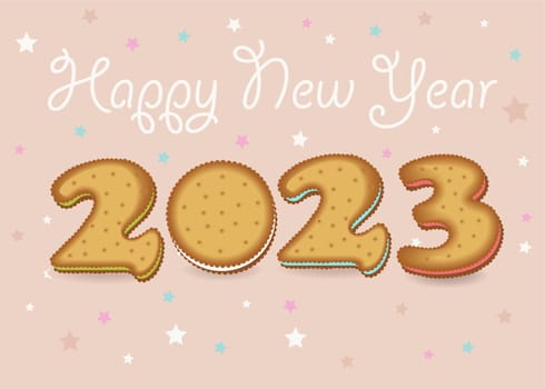Cookies Happy New Year 2023. Pink Background with Stars. White Cream Inscription