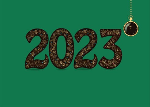 New year's retro greeting card. Artistic number 2023 with golden floral decor - graceful flowers and hearts. Place for custom text. Pocket golden watch shows five to twelve o'clock. Green background.